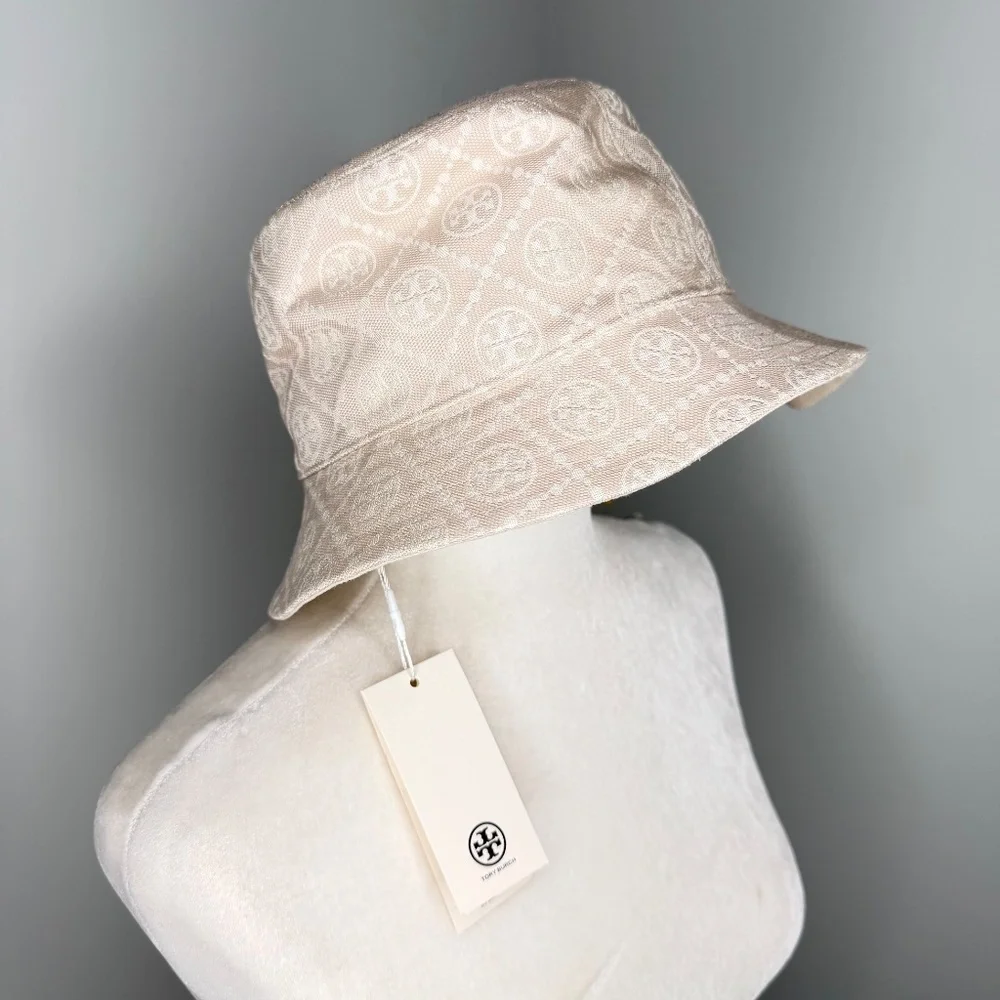 NWT Tory Burch Bucket Logo Tan White Hat